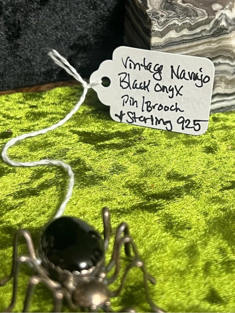 Vintage Black Spider Pin Brooch with Black Onyx